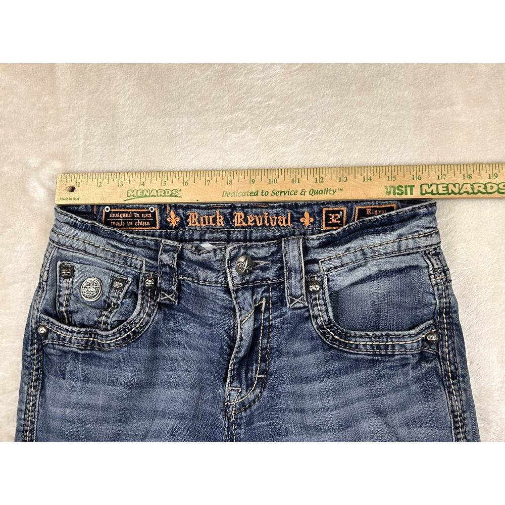 Rock Revival Jeans Mens Sz 32x30 Blue Denim Rigny Relaxed Straight Faded Patches - Picture 5 of 11